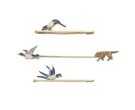 COLLECTION OF BIRD BAR BROOCHES, CIRCA 1900Polychrome enamel and a blister pearl,  lengths 5.0cm to 8.5cm, each cased by The 