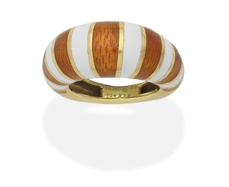 VAN CLEEF &amp; ARPELS: ENAMEL BOMBÉ RING, CIRCA 1965Orange and white enamel, signed VCA, maker's mark, numbered, French assa