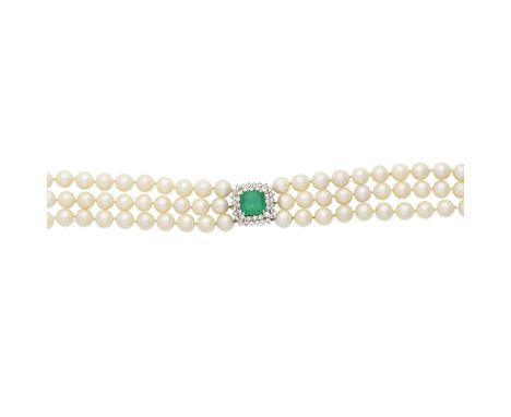 EMERALD, DIAMOND AND CULTURED PEARL CHOKER NECKLACEThree rows of 9.0-9.5mm cultured pearls, to a central step-cut emerald and