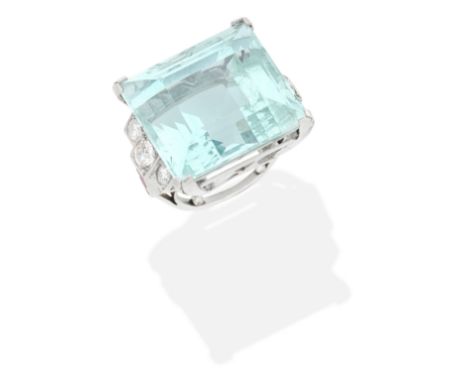 AQUAMARINE, RUBY AND DIAMOND RINGStep-cut aquamarine, old brilliant-cut diamonds and step-cut ruby shoulders, aquamarine appr
