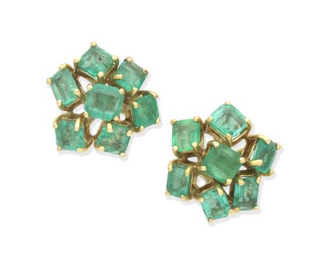 EMERALD CLUSTER EARRINGSStep-cut emeralds, length 1.1cmFor further information on this lot please visit Bonhams.com