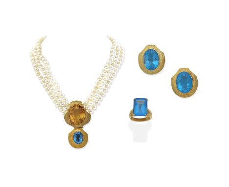 SIMON BENNEY: CITRINE, BLUE TOPAZ AND CULTURED PEARL NECKLACE, EARRING AND RING, 2000Three rows of 6.5mm cultured pearls, pen