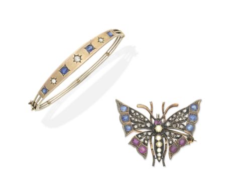 GEM-SET BUTTERFLY BROOCH AND BANGLE, CIRCA 19001st: The brooch set with cushion-shaped sapphires and rubies, rose-cut diamond
