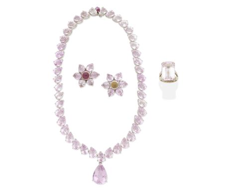 SIMON BENNEY: KUNZITE RING, 2003; KUNZITE NECKLACE AND EARRING SUITE1st: Ring set with a step-cut kunzite, 2nd: necklace set 