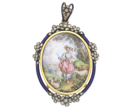ENAMEL AND DIAMOND-SET PENDANT, MID 19TH CENTURYDepicting a shepherdess, within a blue enamel and rose-cut diamond frame, wit
