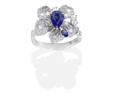 SAPPHIRE AND DIAMOND ORCHID RINGPear-shaped and circular-cut sapphires, and rose and brilliant-cut diamonds, ring size approx