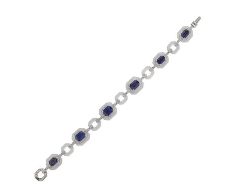 SAPPHIRE, DIAMOND AND ROCK CRYSTAL BRACELETStep-cut sapphires, brilliant-cut diamonds and carved frosted rock crystal,  diamo
