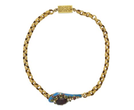 GEM-SET SNAKE NECKLACE, 19TH CENTURYOval cabochon garnet, half-pearls, cushion-shaped rubies and emeralds, and blue enamel, e
