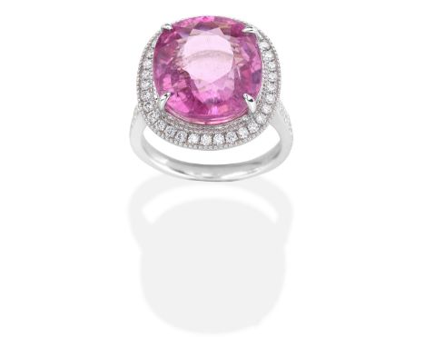 PINK TOURMALINE AND DIAMOND CLUSTER RINGCushion-shaped pink tourmaline and brilliant-cut diamonds, tourmaline approx. 10.90ct