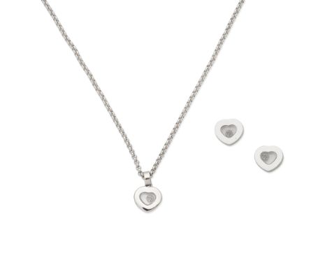 CHOPARD: 'HAPPY DIAMONDS' PENDANT/NECKLACE AND EARRING SUITEEach set with a brilliant-cut diamond 'floating' within a glazed 