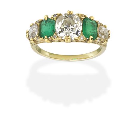 EMERALD AND DIAMOND RINGCushion and rose-cut diamonds and step-cut emeralds, principal diamond approx. 1.80cts, one diamond a