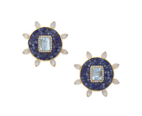 GEM-SET EARRINGSEach with a step-cut aquamarine, brilliant-cut diamonds, circular-cut sapphires and cabochon moonstones,  par