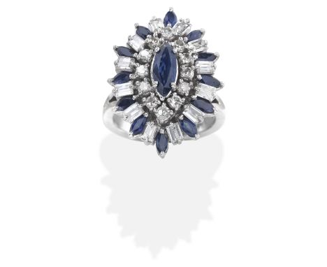 SAPPHIRE AND DIAMOND CLUSTER RINGMarquise-shaped sapphires and single and step-cut diamonds, diamonds approx. 1.25cts total, 