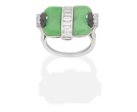 JADE, ONYX AND DIAMOND RINGJade plaques, baguette and brilliant-cut diamonds and black enamel accents, jade untested, ring si