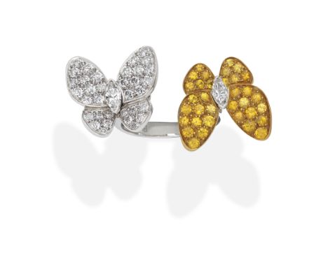 VAN CLEEF &amp; ARPELS: YELLOW SAPPHIRE AND DIAMOND 'TWO BUTTERFLY' RINGCircular-cut yellow sapphires, marquise and brilliant