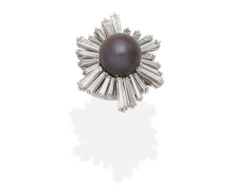 NATURAL PEARL AND DIAMOND BALLERINA RINGThe 12.5mm natural pearl of grey tint, within a tapered baguette-cut diamond surround
