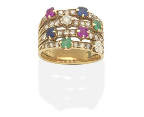 GEM-SET AND DIAMOND RING, LATE 19TH CENTURYCushion-shaped sapphires, rubies and emeralds, and cushion-shaped and rose-cut dia
