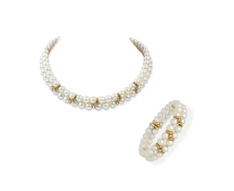 CULTURED PEARL AND DIAMOND TORQUE NECKLACE AND BRACELET, CIRCA 1990Of sprung design, 4.9-7.8mm cultured pearls and brilliant-