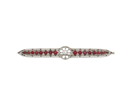 SPINEL AND DIAMOND BAR BROOCH, EARLY 20TH CENTURYOld brilliant and single-cut diamonds, step-cut red spinel, later pin fittin