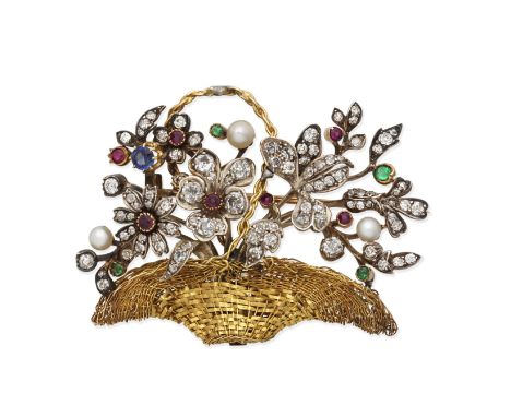 GEM-SET AND DIAMOND GIARDINETTO BROOCH, CIRCA 1880Set with cushion-shaped diamonds, rubies, emeralds, a sapphire and pearls, 