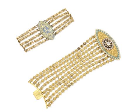 DIAMOND AND ENAMEL PLAQUE BRACELET AND ENAMEL PLAQUE BRACELET, SECOND HALF OF 19TH CENTURY1st: The plaque with engraved decor