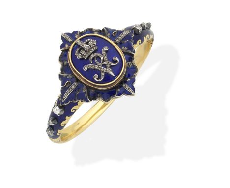 ENAMEL AND DIAMOND BANGLE, CIRCA 1845Of hinged design, displaying Queen Victoria's cipher, the blue enamel set with cushion-s