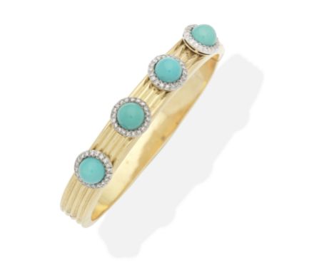 TURQUOISE AND DIAMOND BANGLEHinged, turquoise cabochons and single-cut diamonds, diamonds approx. 0.40ct total, inner circumf