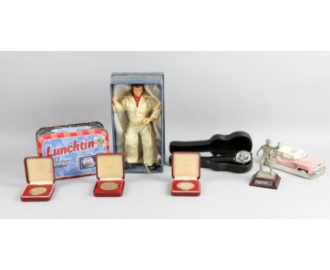 Elvis Presley - Quantity of vintage belt buckles, limited edition boxed watches, medals & coins, English Miniatures model, Le