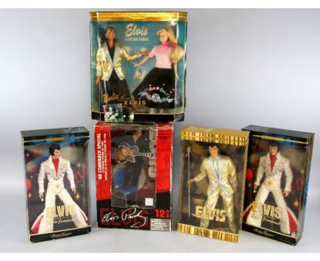 Three 'Timeless Treasures from Mattel' Elvis figures boxed, a 'Barbie loves Elvis' boxed gift set collector edition and a '68