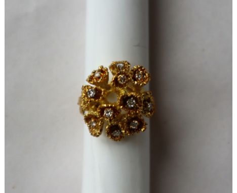 An 18ct yellow gold diamond cluster ring  set with twelve round brilliant cut diamonds, size K 1/2, approximately 14.3 grams