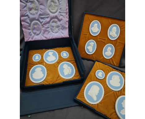 A collection of fourteen individually numbered Wedgwood pale blue and white jasper portrait medallions, a limited edition of 