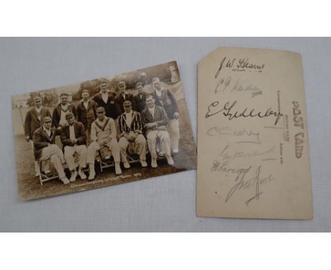 A Gloucestershire Cricket team 1929 postcard together with "The team who brought back the Ashes" postcard, signed to the reve