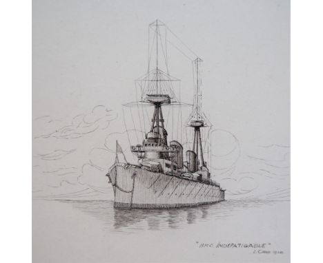 Leslie Carr (1891-1969)H.M.S.IndefatigablePen and ink sketch on board (unframed)Signed and dated 191426.5 x 19cm***Artists re