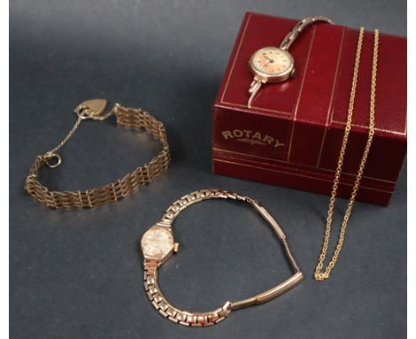 A 9ct yellow gold four bar bracelet, together with a 9ct gold necklace, approximately 14 grams, a 9ct gold Lady's Rotary wris
