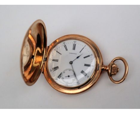 A 14K yellow metal Longines hunter keyless wound full hunter pocket watch, the white enamel dial with Roman numerals and a se