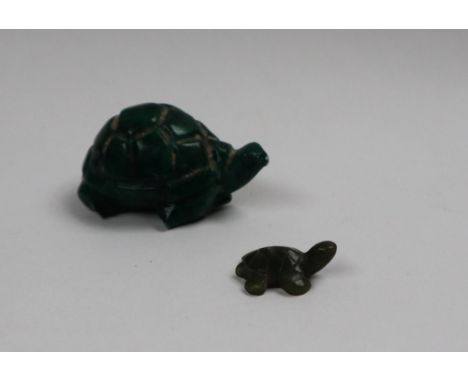 A South Africa Verdite carved tortoise, 55mm long together with a small jade tortoise