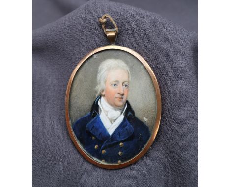 19th century British SchoolHead and shoulders portrait of a gentleman in a blue frock coatAn oval miniature on ivory75mm x 60