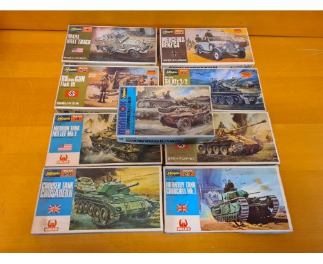 9 x Hasegawa mini box 1/72 scale military models, as pictured, all complete.