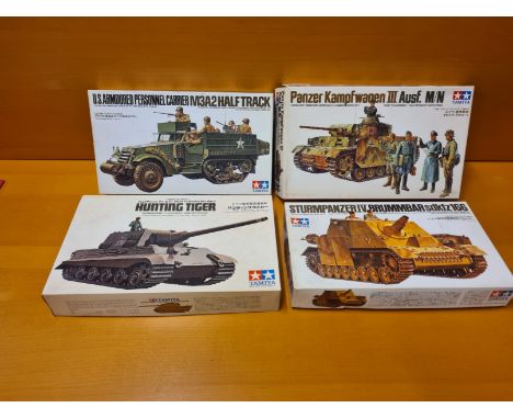 4 x Tamiya 1/35 scale WWII military vehicles and tanks. US Armoured Personnel Carrier Half Track, Panzer Kampfwagen III, Germ