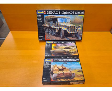 Revell WWII military models. 1/35 scale Damag 1t ZgkwD7, 1/72 M1 A1 (HA) "Abrams" tank and 1/72 Sturmgeschutz IV tank.