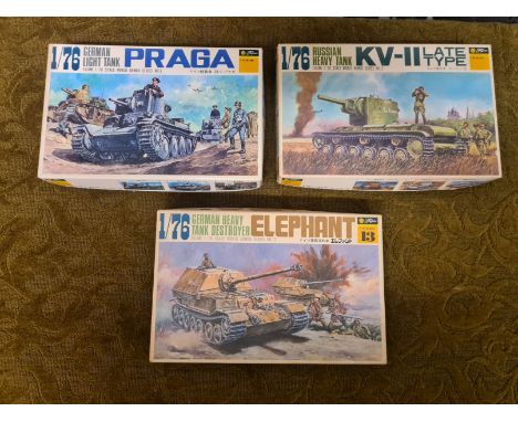 3 x Fujimi 1/76 scale WWII military models.  German Light Tank Praga, Russian Heavy Tank KV-11, German Heavy Tank Destroyer E