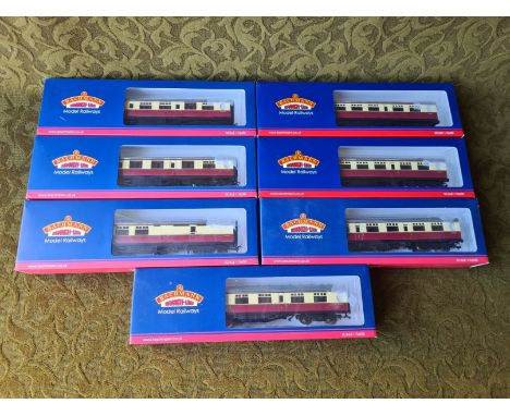 7 x Bachmann Branch Line crimson and cream carriages.