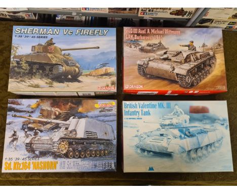 4 x Dragon WWII models 1/35 scale 39-45 Series. Stgug III Aust A Michael Wittman, SD KFZ.164 Nashorn, Sherman Vc Firefly, Bri