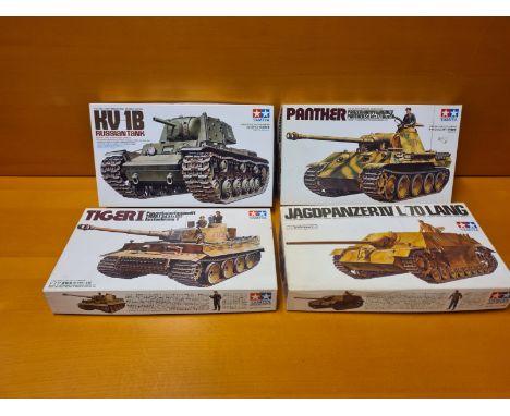 4 x Tamiya 1/35 scale WWII military model tanks.  KV-18 Russian Tank, German Tiger 1, L/70 Lang JagdpanzerIV and Panther.