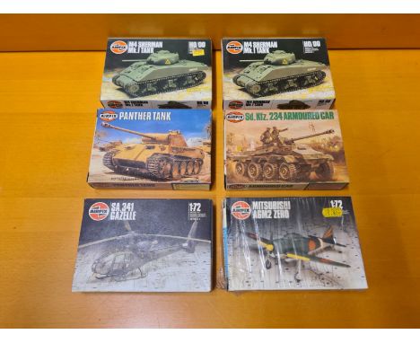 6 x Airfix HO/OO military tanks and aircraft.  2 x MKIV Sherman MKI tank, Panther Tank, Sd.Kfz.234 Armoured Car, SA.341 Gazel