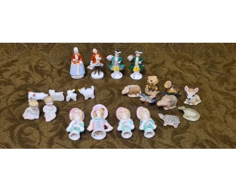 Continental half dolls, Wade animals, Bisque babies, etc.