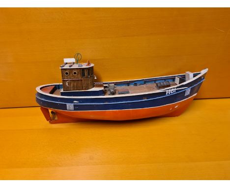 Hand built wooden model tug boat, 54cm long.
