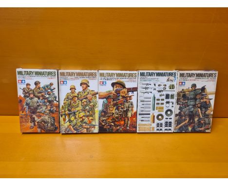 5 x Tamiya 1/35 scale military miniatures. British 8th Army Infantry, German Artillery Troops, Modern US accessory kit, US In