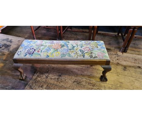 Mahogany duet foot stool upon Queen Ann ball and claw feet with woolwork tapestry of exotic birds.  97cm long x 35cm deep x 3
