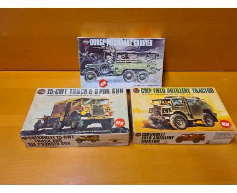 3 x Airfix 1/35 scale military models. Dodge Personnel Carrier, 15cwt Truck & 6 PDR Gun and CMP Field Artillery Tractor.